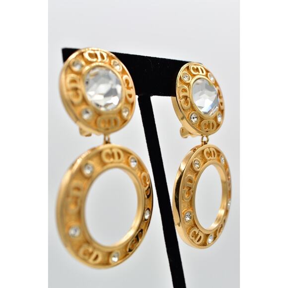 Christian Dior Vintage CD Logo Clip On Earrings Crystal Gold Chunky Signed Bin5 - Picture 5 of 12